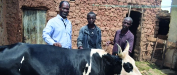 Sylvestre, Programmdirektor von CARSA, mit Boniface und Justin und ihrer Kuh