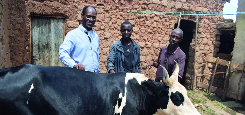 Sylvestre, Programmdirektor von CARSA, mit Boniface und Justin und ihrer Kuh