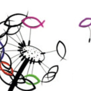 Eine Löwenzahnblüte sendet ihre Schirmchen aus. Die Schirmchen bestehen aus gezeichneten Fischen.