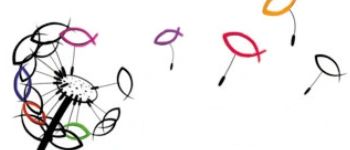 Eine Löwenzahnblüte sendet ihre Schirmchen aus. Die Schirmchen bestehen aus gezeichneten Fischen.