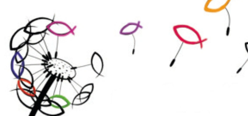 Eine Löwenzahnblüte sendet ihre Schirmchen aus. Die Schirmchen bestehen aus gezeichneten Fischen.