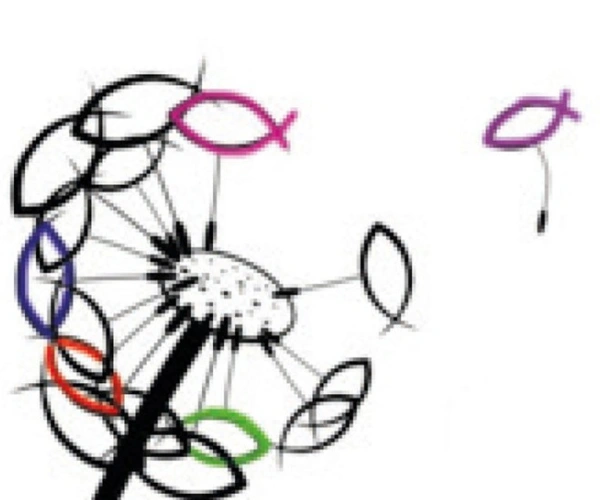 Eine Löwenzahnblüte sendet ihre Schirmchen aus. Die Schirmchen bestehen aus gezeichneten Fischen.