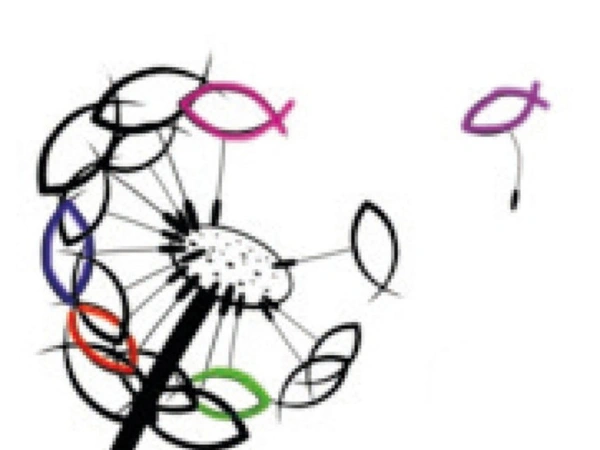 Eine Löwenzahnblüte sendet ihre Schirmchen aus. Die Schirmchen bestehen aus gezeichneten Fischen.