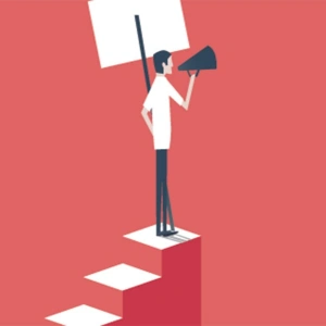 COURAGIERT STATT CORRECT. Es braucht Mut, sich nicht vorzuenthalten. Bild eines protestierenden Menschen.