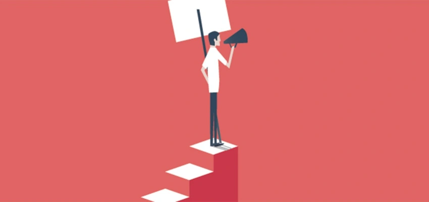 COURAGIERT STATT CORRECT. Es braucht Mut, sich nicht vorzuenthalten. Bild eines protestierenden Menschen.