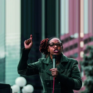 Eine Frau steht mit Mikrofon in der Hand auf einer Bühne in einer Großstadt.