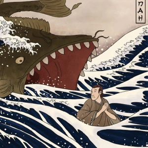 Ein Wal verschluckt einen Mann (Jona) Als Zeichnung.