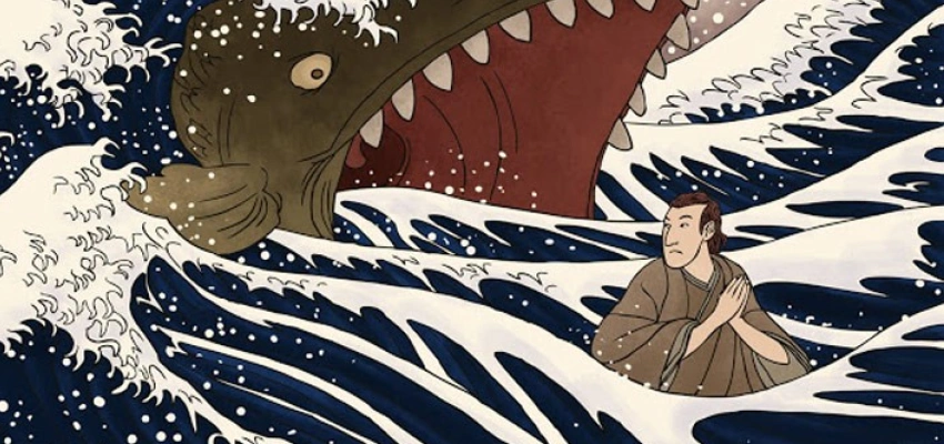 Ein Wal verschluckt einen Mann (Jona) Als Zeichnung.