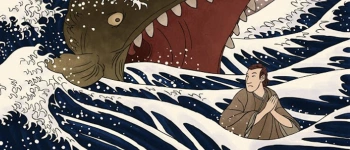 Ein Wal verschluckt einen Mann (Jona) Als Zeichnung.