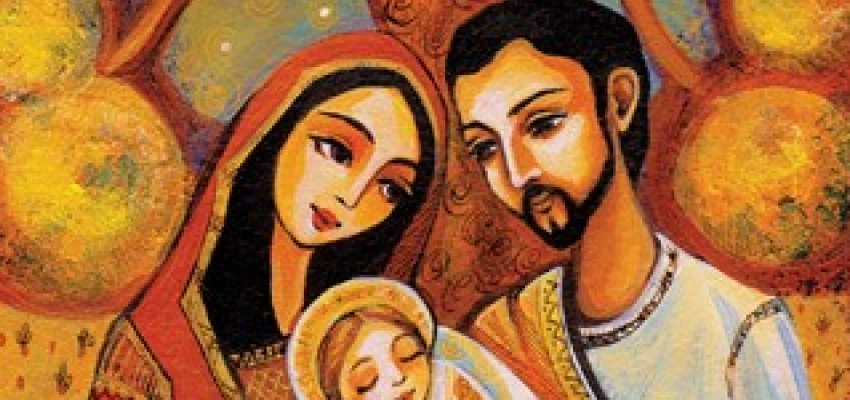 Gemälde eines Paares, die unter einem Baum, mit ihrem Kind in den Armen sitzen, in dessen Zweigen zwei Vögel singen.