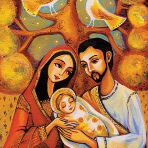 Gemälde eines Paares, die unter einem Baum, mit ihrem Kind in den Armen sitzen, in dessen Zweigen zwei Vögel singen.