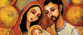 Gemälde eines Paares, die unter einem Baum, mit ihrem Kind in den Armen sitzen, in dessen Zweigen zwei Vögel singen.