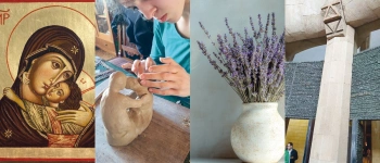 Eine Ikone; Arbeit an einer Tonfigur; Lavendel in einer Vase; Die Basilika Sagrada Familia