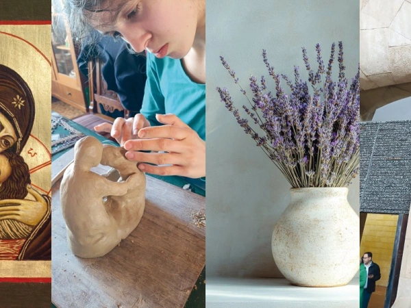 Eine Ikone; Arbeit an einer Tonfigur; Lavendel in einer Vase; Die Basilika Sagrada Familia