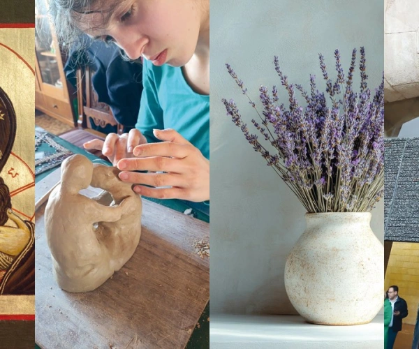 Eine Ikone; Arbeit an einer Tonfigur; Lavendel in einer Vase; Die Basilika Sagrada Familia