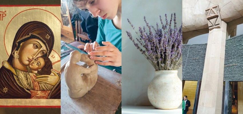 Eine Ikone; Arbeit an einer Tonfigur; Lavendel in einer Vase; Die Basilika Sagrada Familia