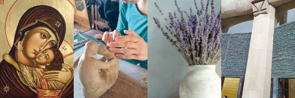 Eine Ikone; Arbeit an einer Tonfigur; Lavendel in einer Vase; Die Basilika Sagrada Familia