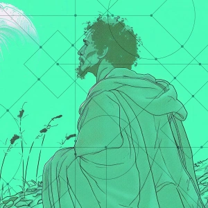 Abraham zog aus. Und was zog ihn? Zu sehen ist ein Mann, der Abraham darstellen soll. Das Bild ist mit einem Grünton versehen.