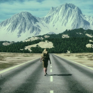 All-In-Man. Aufs Ganze gehen ohne dabei draufzugehen. Zu sehen ist ein Mann in Wanderklamotten auf der Straße Richtung den Bergen.