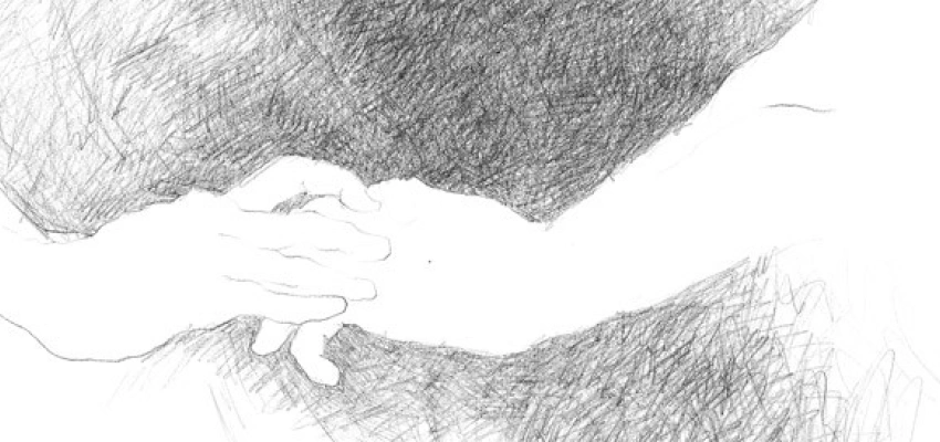 Schwarz-Weis Zeichnung von zwei hellen Händen die sich vor dunklem Hintergrund berühren