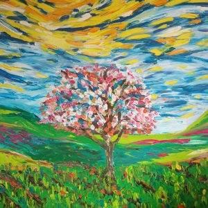 Malerei eines Baumes vor weitem Himmel