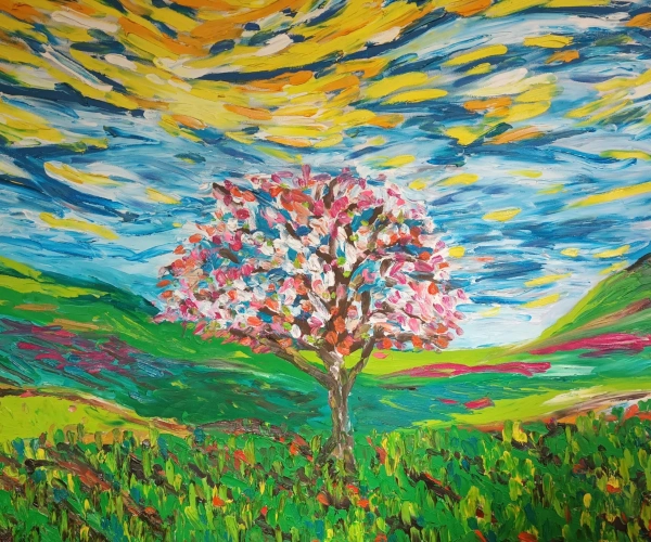 Malerei eines Baumes vor weitem Himmel