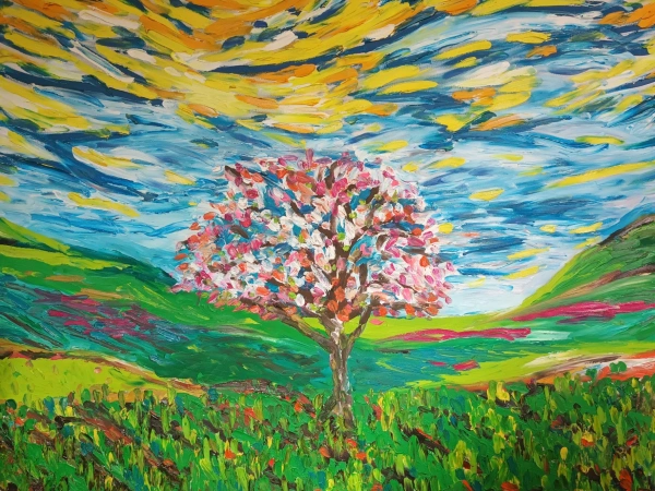 Malerei eines Baumes vor weitem Himmel