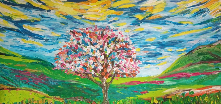 Malerei eines Baumes vor weitem Himmel