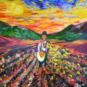 Malerei eines Sähmanns bei der Aussaht