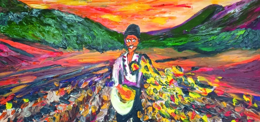 Malerei eines Sähmanns bei der Aussaht