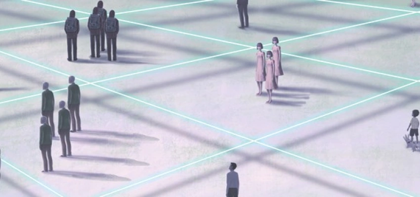 Menschengruppen stehen zwischen grünen Linien