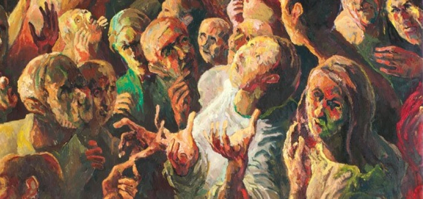 Geplagte, verzweifelte Menschen auf einem Gemälde