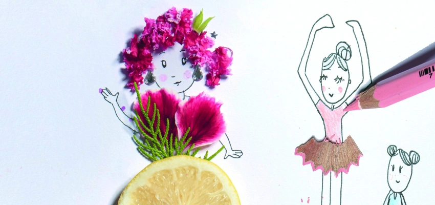 Blütenlesen. In der Schule der Schöpfung. Zu sehen sind Zeichnungen von Ballerinas, welche mit echten Materialien ausgeschmückt sind.