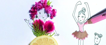 Blütenlesen. In der Schule der Schöpfung. Zu sehen sind Zeichnungen von Ballerinas, welche mit echten Materialien ausgeschmückt sind.