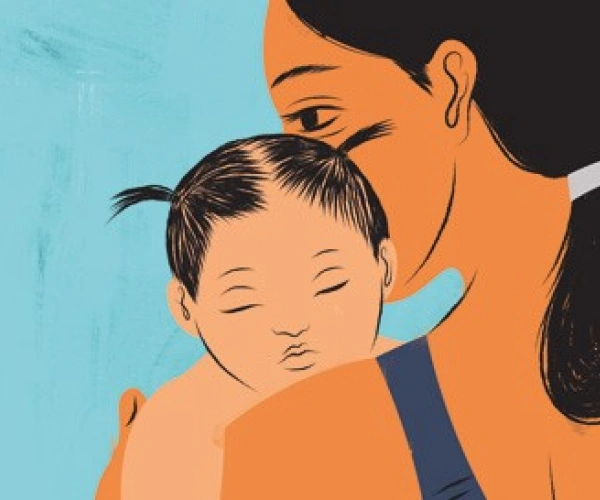 gemaltes Bild: eine Mutter hält ihr Kind im Arm