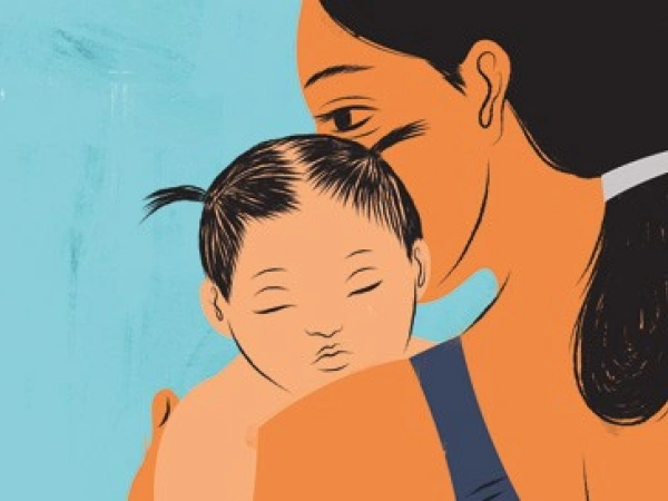 gemaltes Bild: eine Mutter hält ihr Kind im Arm
