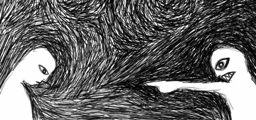 Zwei grimmige gezeichnete Menschen umgeben von schwarz