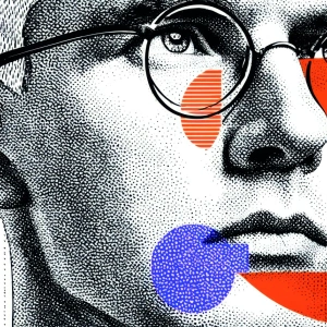 Fixpunkte. Zum Commitment meiner Generation. Ausschnitt eines Mannes mit dem Blick nach oben gerichtet. Umgeben von abstrakten Formen.