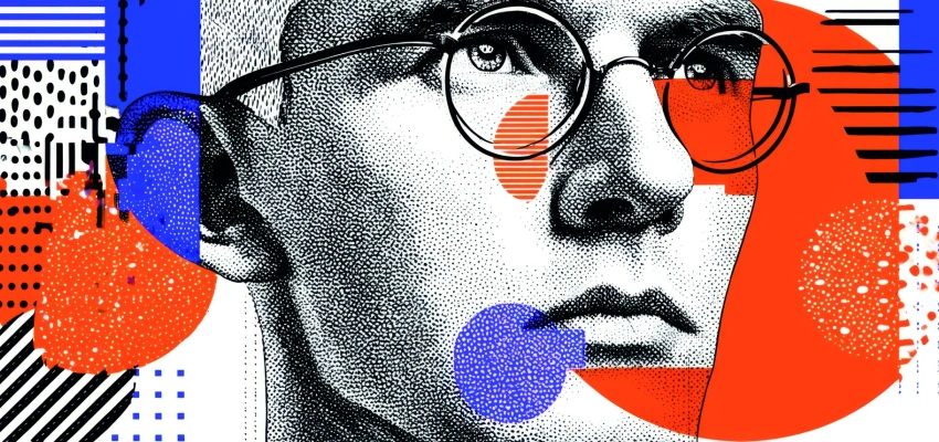 Fixpunkte. Zum Commitment meiner Generation. Ausschnitt eines Mannes mit dem Blick nach oben gerichtet. Umgeben von abstrakten Formen.