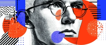 Fixpunkte. Zum Commitment meiner Generation. Ausschnitt eines Mannes mit dem Blick nach oben gerichtet. Umgeben von abstrakten Formen.