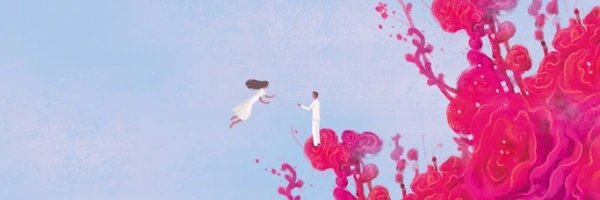 Mann und Frau schweben im Himmel