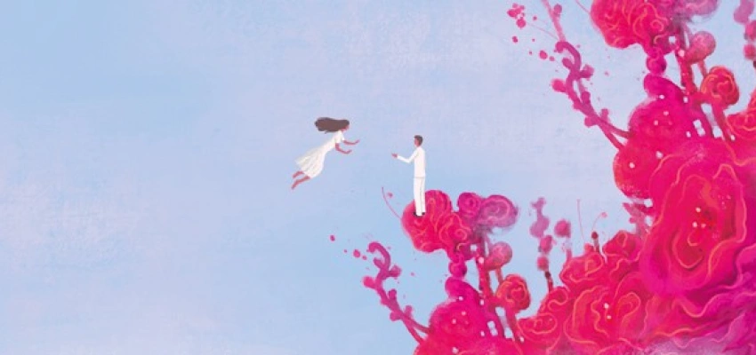 Mann und Frau schweben im Himmel