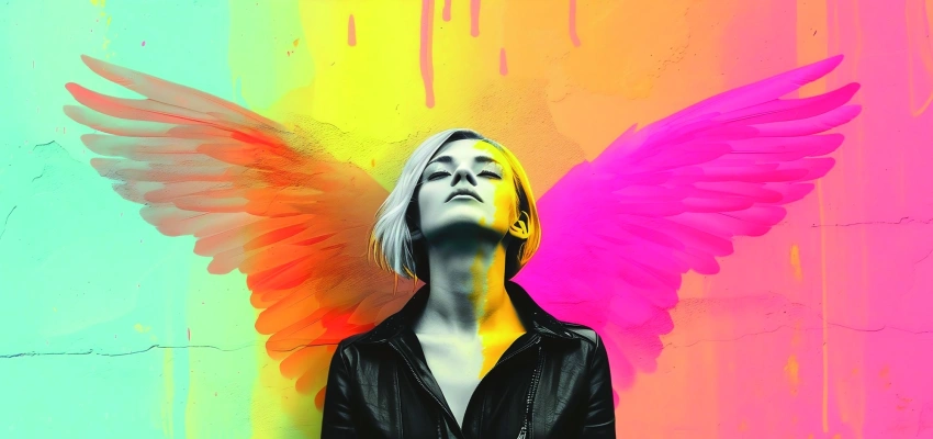 Geborgen und selbstvergessen. Unfertige Gedanken über Hingabe und Glückshormone. Zu sehen ist eine Frau mit dem Rücken zur Wand mit bemalten Flügeln.