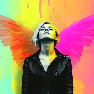 Geborgen und selbstvergessen. Unfertige Gedanken über Hingabe und Glückshormone. Zu sehen ist eine Frau mit dem Rücken zur Wand mit bemalten Flügeln.