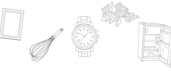 Bilderrahmen, Schneebesen, Uhr, Petersilie, Kühlschrank