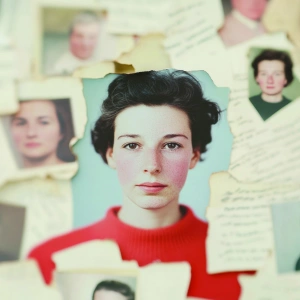 Immer neu ein Ja. Charakterbildung ist kein Spaziergang. Zu sehen sind viele Fotos von jungen Menschen, dazu liegen viele zerrissene Briefe drumherum.