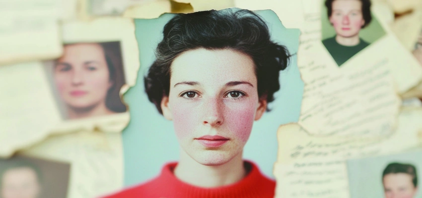 Immer neu ein Ja. Charakterbildung ist kein Spaziergang. Zu sehen sind viele Fotos von jungen Menschen, dazu liegen viele zerrissene Briefe drumherum.