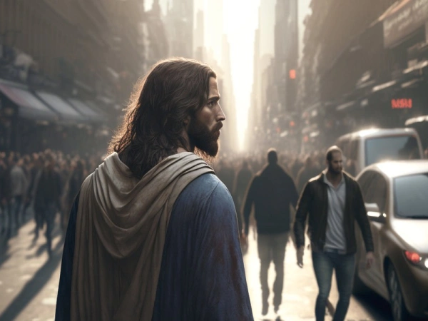 Jesus ist in einer modernen Großstadt zu sehen.