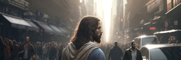 Jesus ist in einer modernen Großstadt zu sehen.