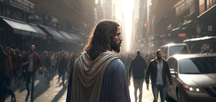 Jesus ist in einer modernen Großstadt zu sehen.